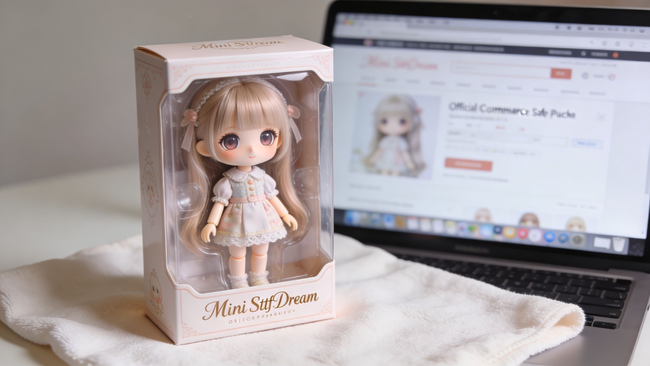 A miniature doll in a pink and white dress displayed in its original packaging box next to a laptop.