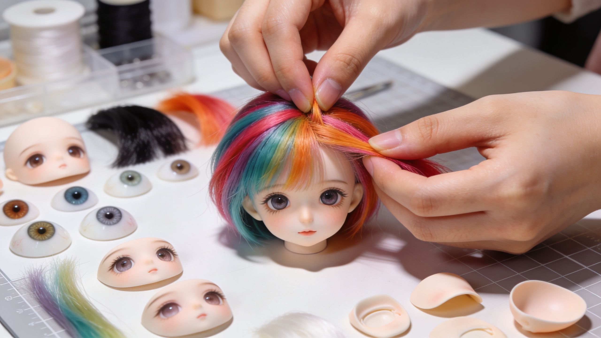 A person styling the rainbow-colored synthetic wig on a mini dollfie dream doll head on a workbench.