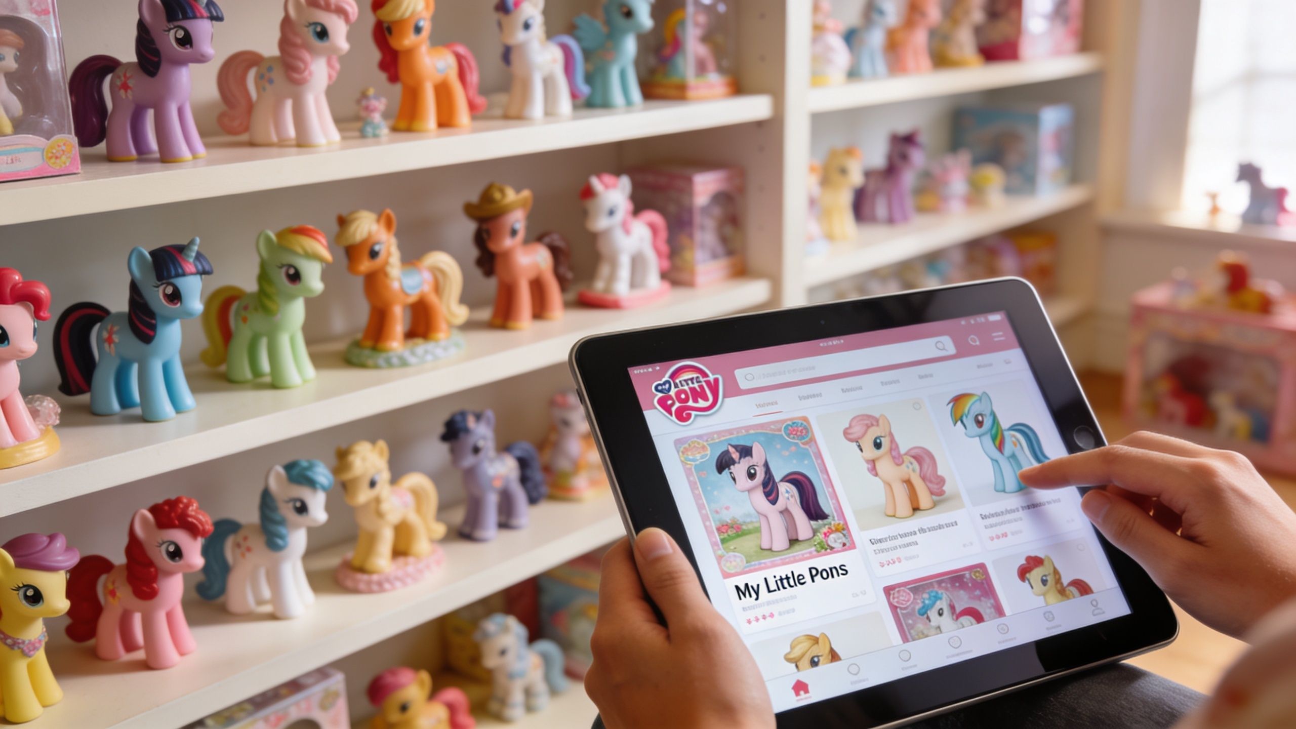 A person browses a My Little Pony online shop on a tablet near toy-filled shelves.