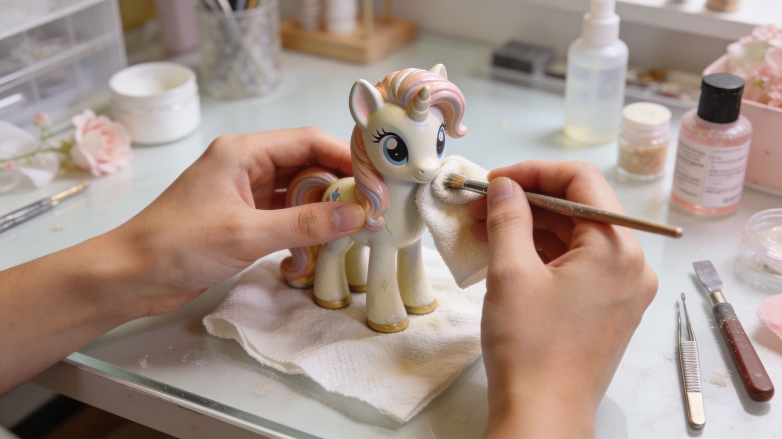 A person uses a small paintbrush to clean a vintage My Little Pony figurine on a desk.