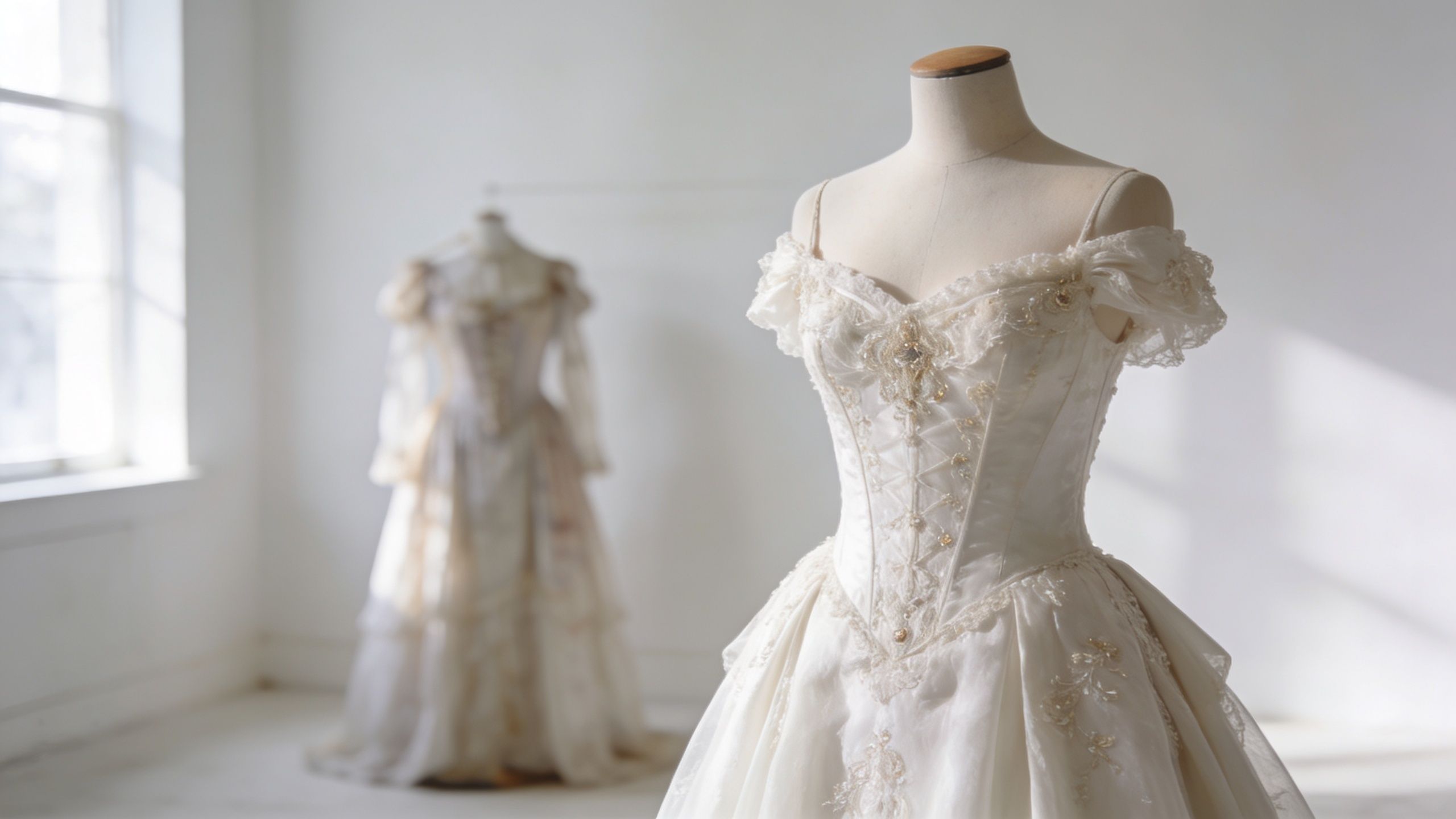 A detailed vintage wedding dress displayed on a mannequin in a bright, minimalist room.