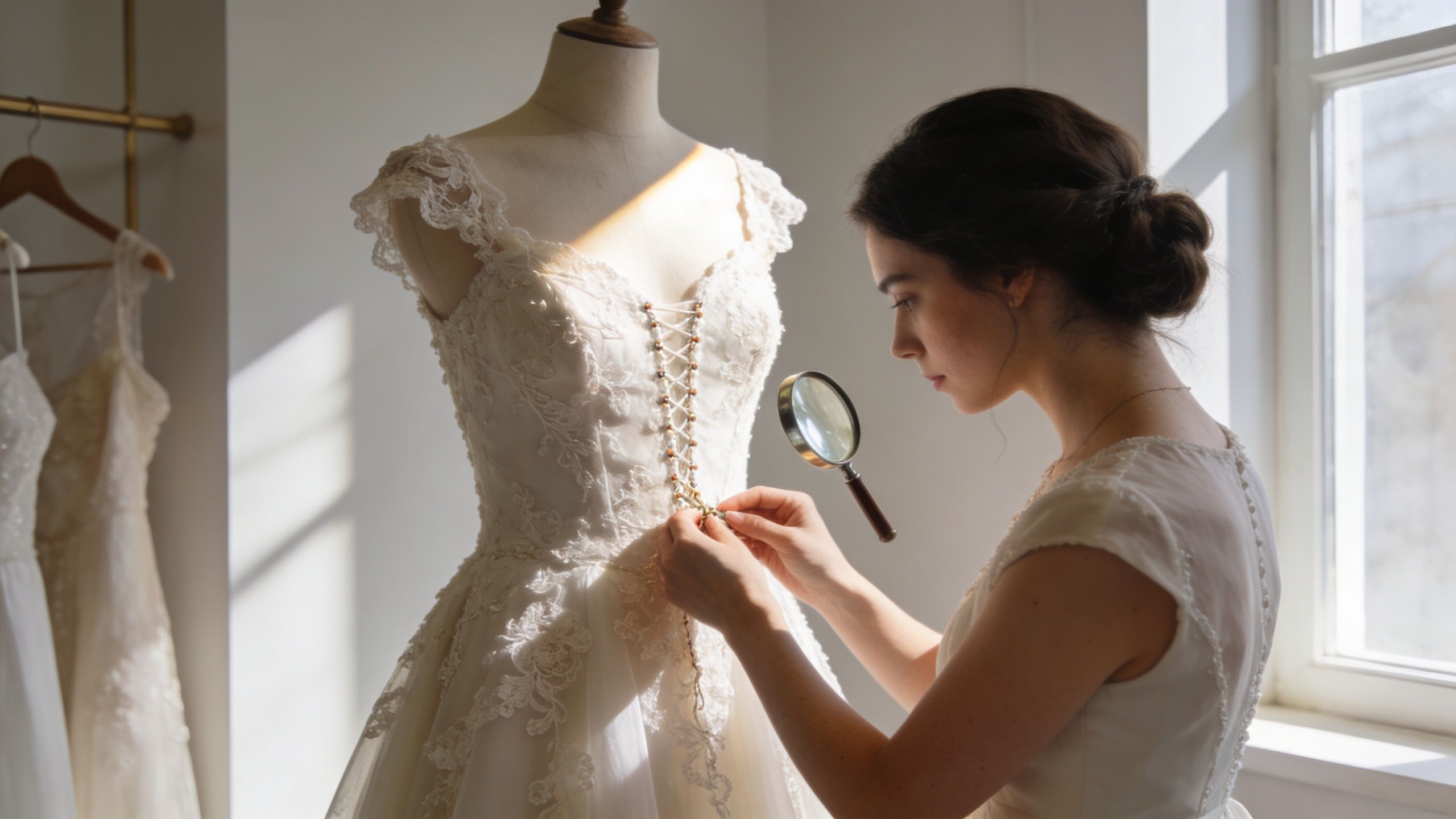 A seamstress uses a magnifying glass to inspect the detailed lace corset of a vintage wedding dress.