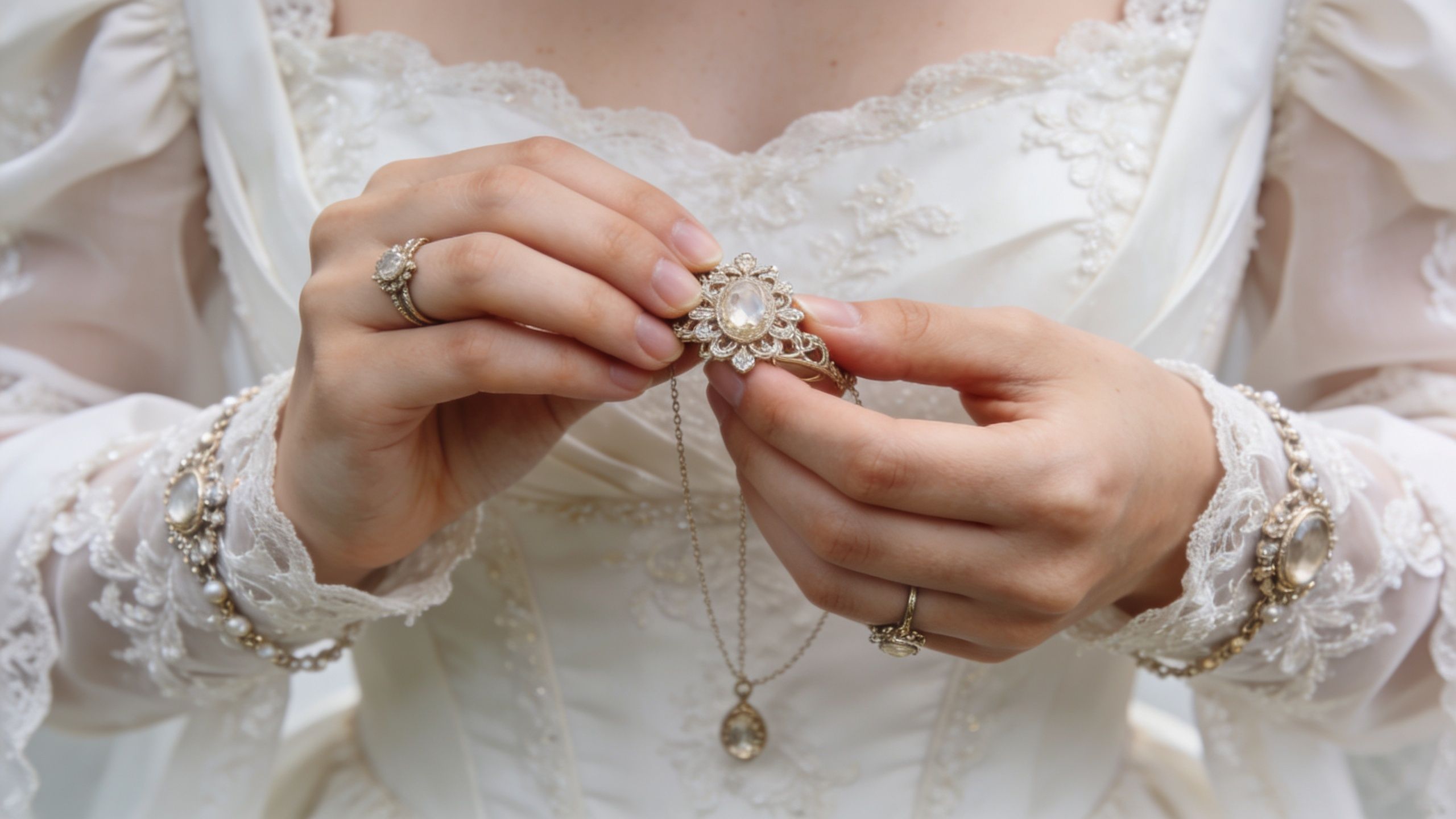 A close-up view of a bride in a vintage dress holding an ornate antique jewelry pendant necklace.