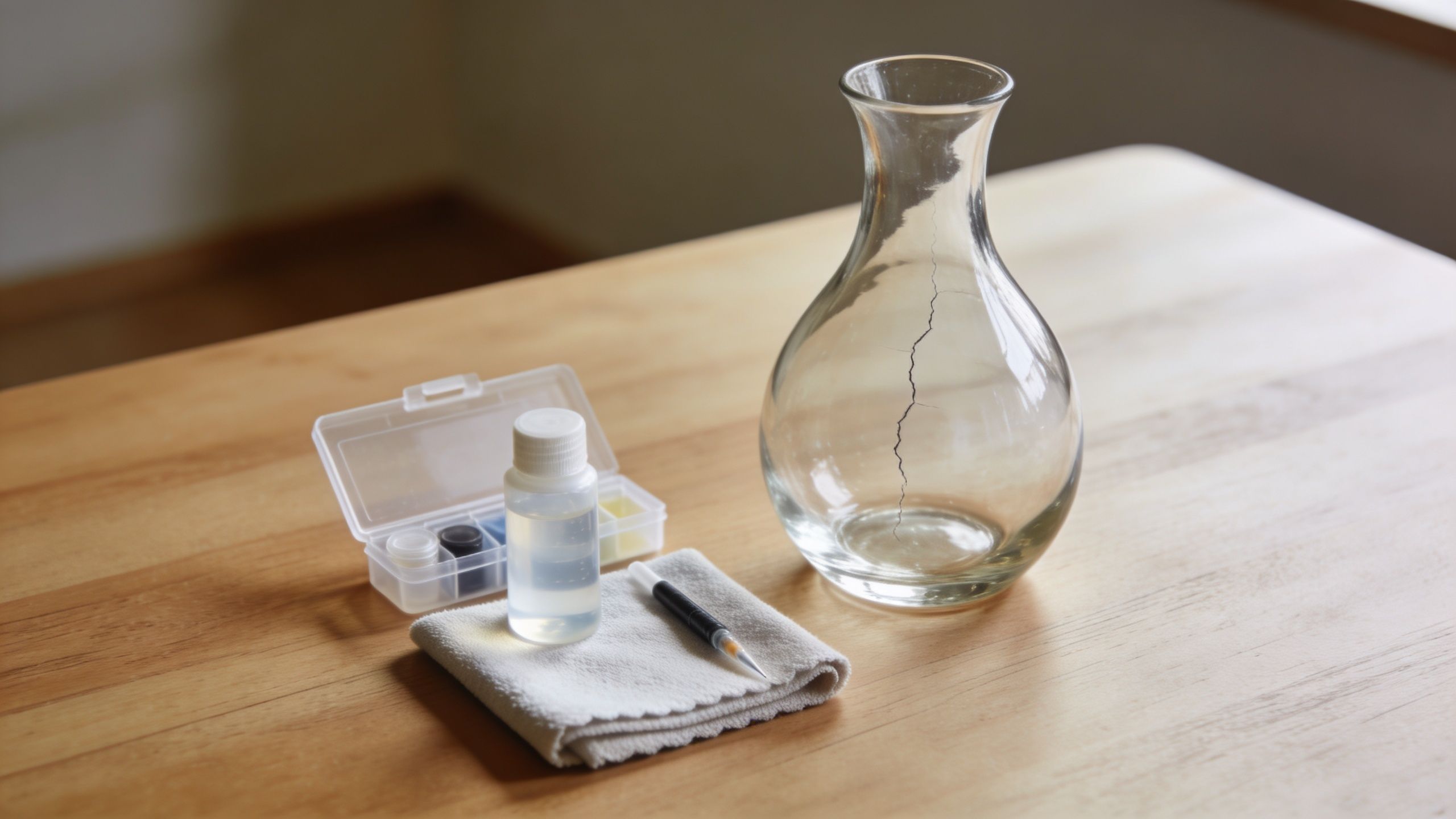 A glass vase with a crack on a wooden table, alongside a repair kit and tools.