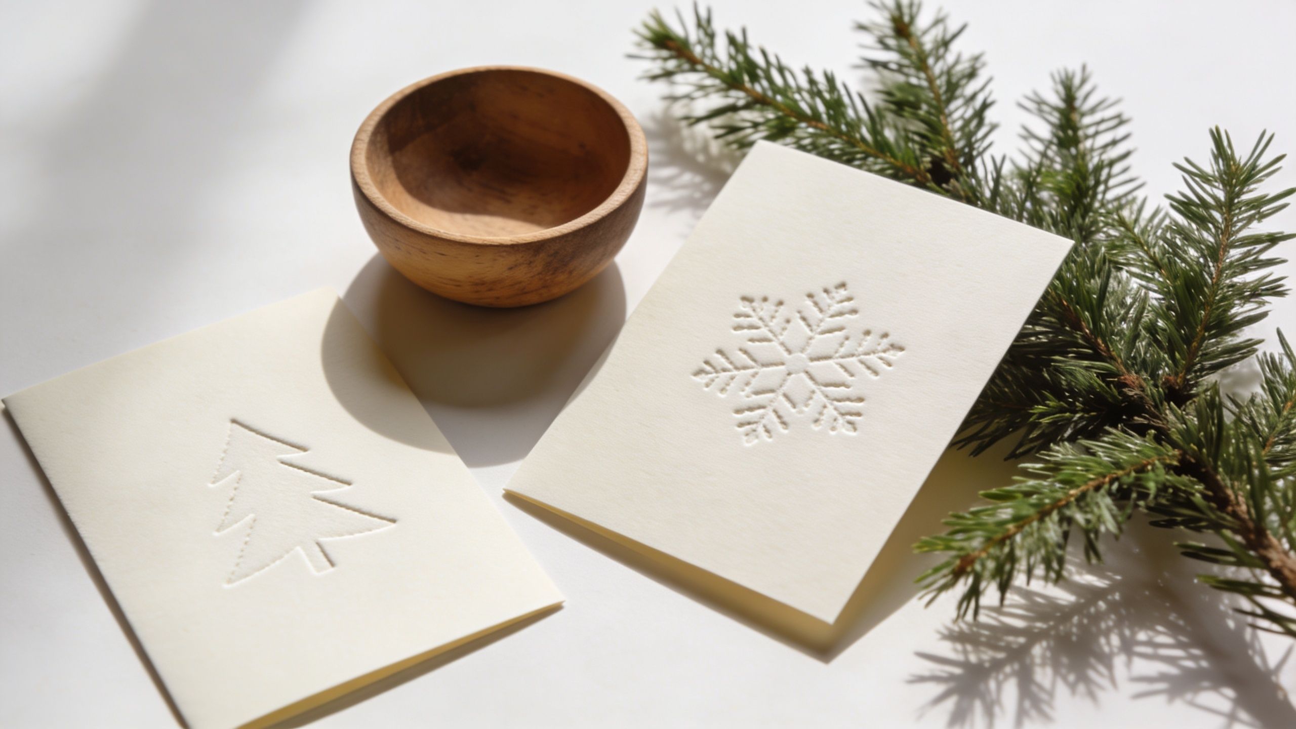 Two minimalist embossed holiday cards, a wooden bowl, and pine branches arranged on a white background.