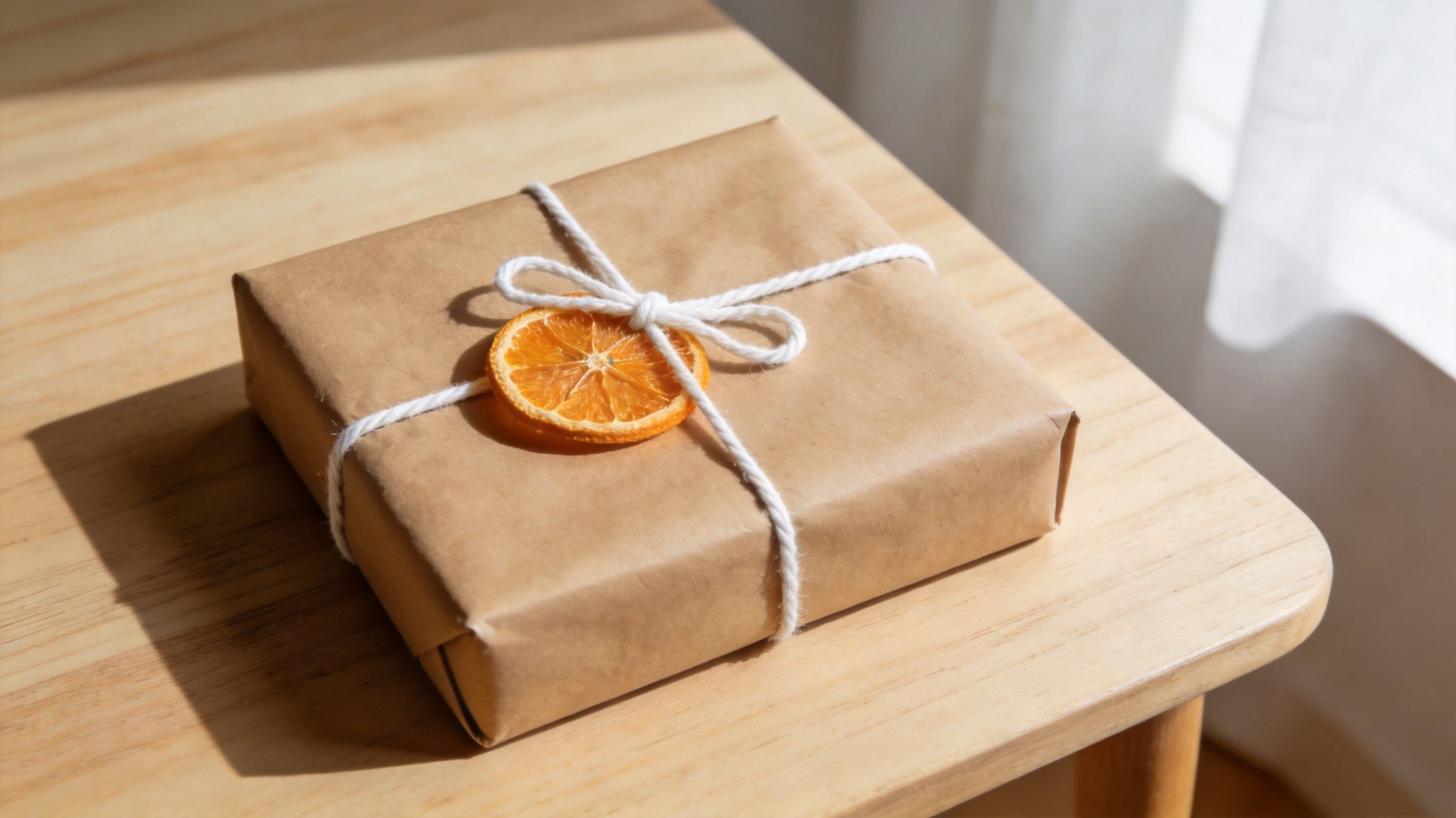 A square gift box wrapped in brown paper with white twine and a dried orange slice decoration.