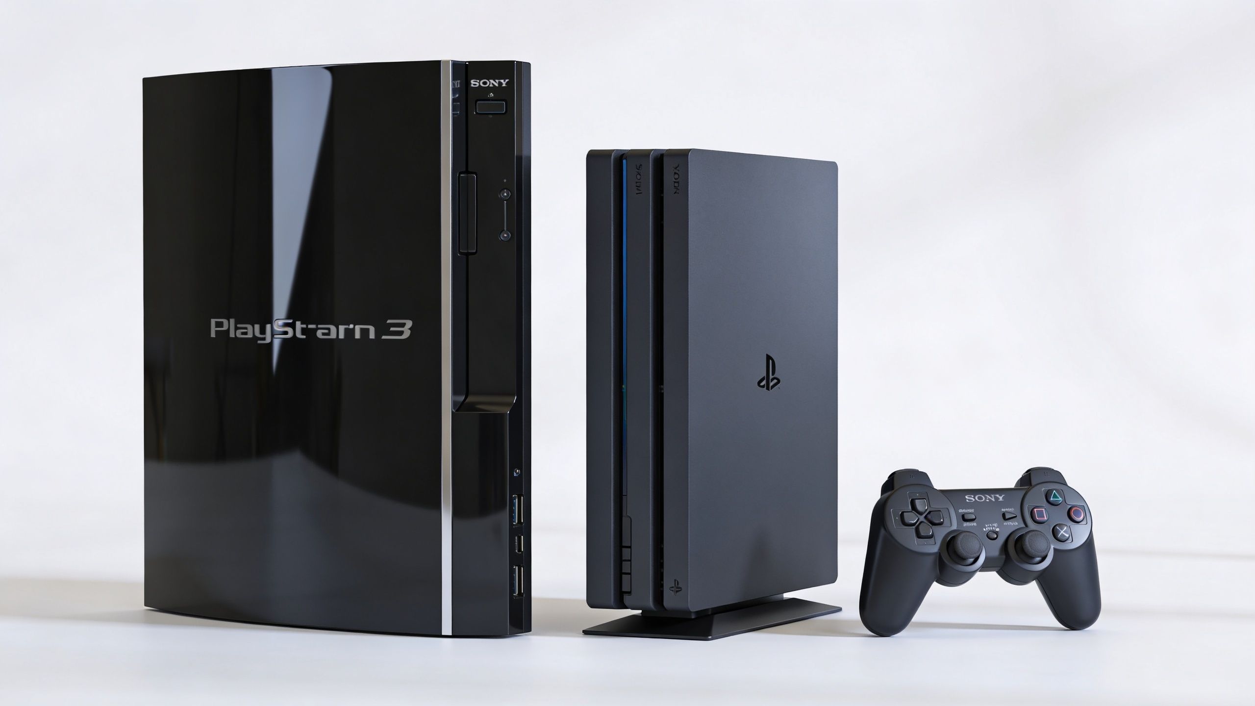 A glossy black PlaySt-arn 3 console standing next to a vertical PS4 Pro and a controller.