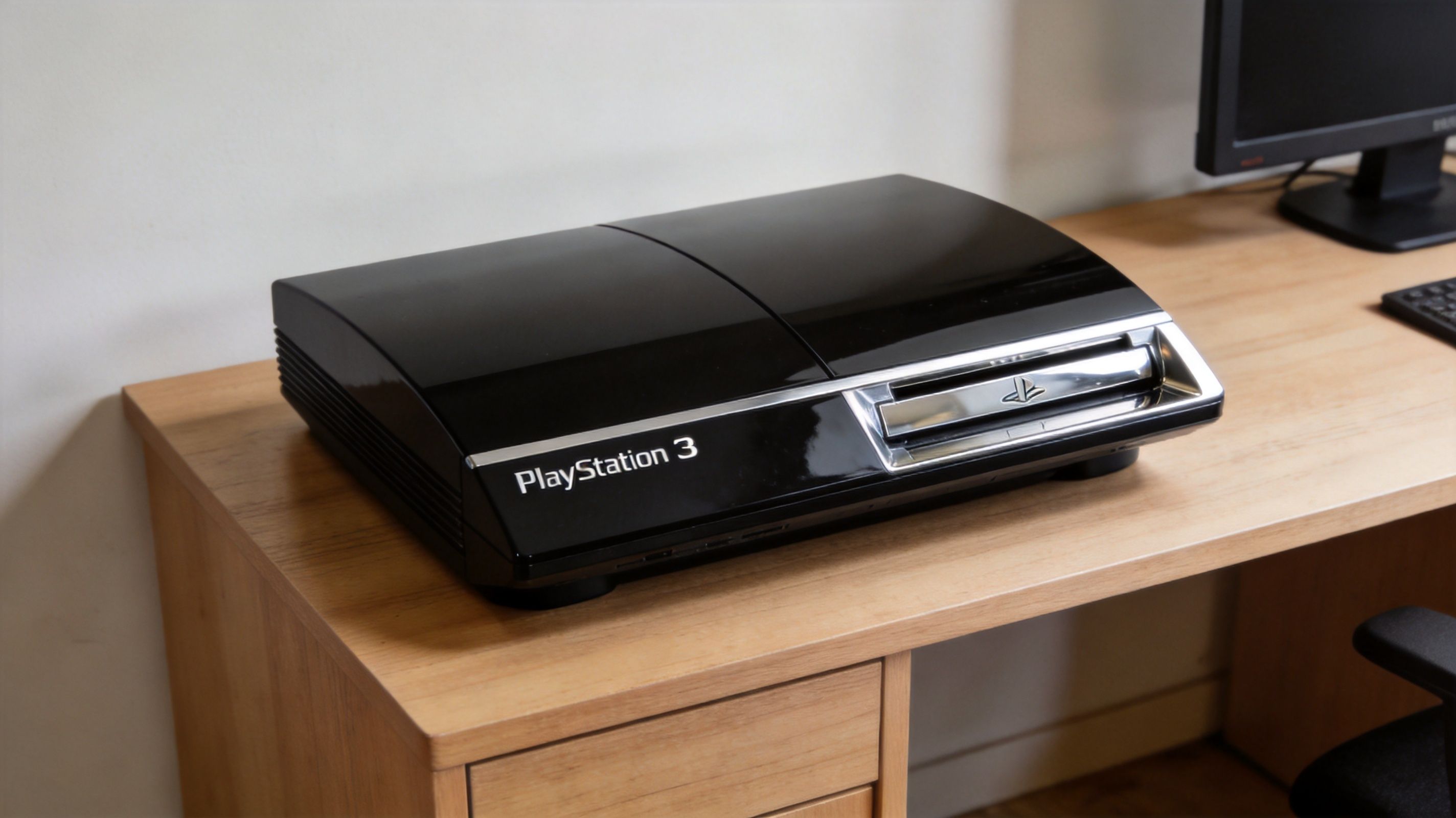 A black PlayStation 3 fat console model sitting on a wooden desk next to a computer screen.