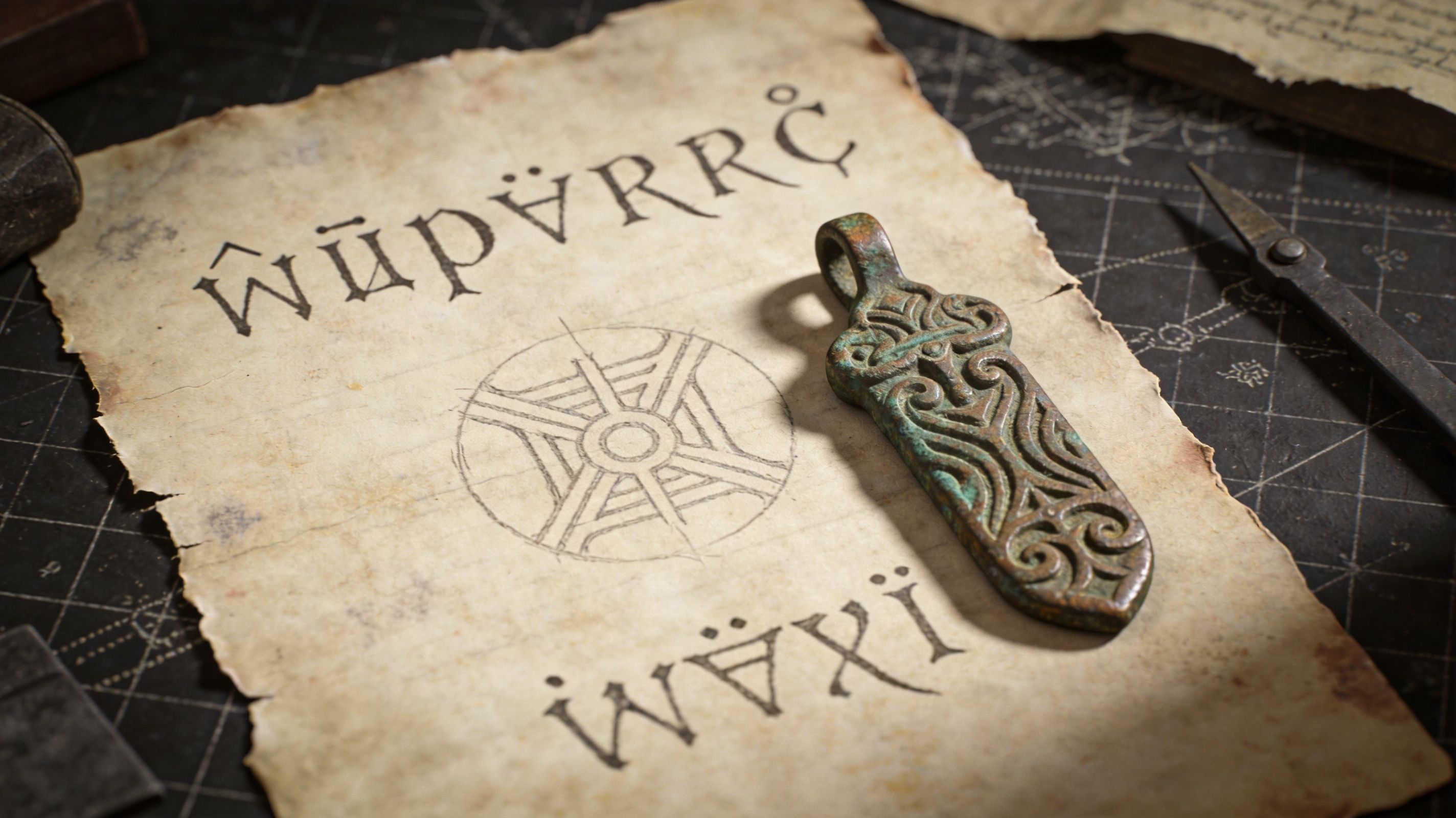 An ancient bronze pendant resting on aged parchment paper featuring hand-drawn geometric symbols and archaic calligraphy.