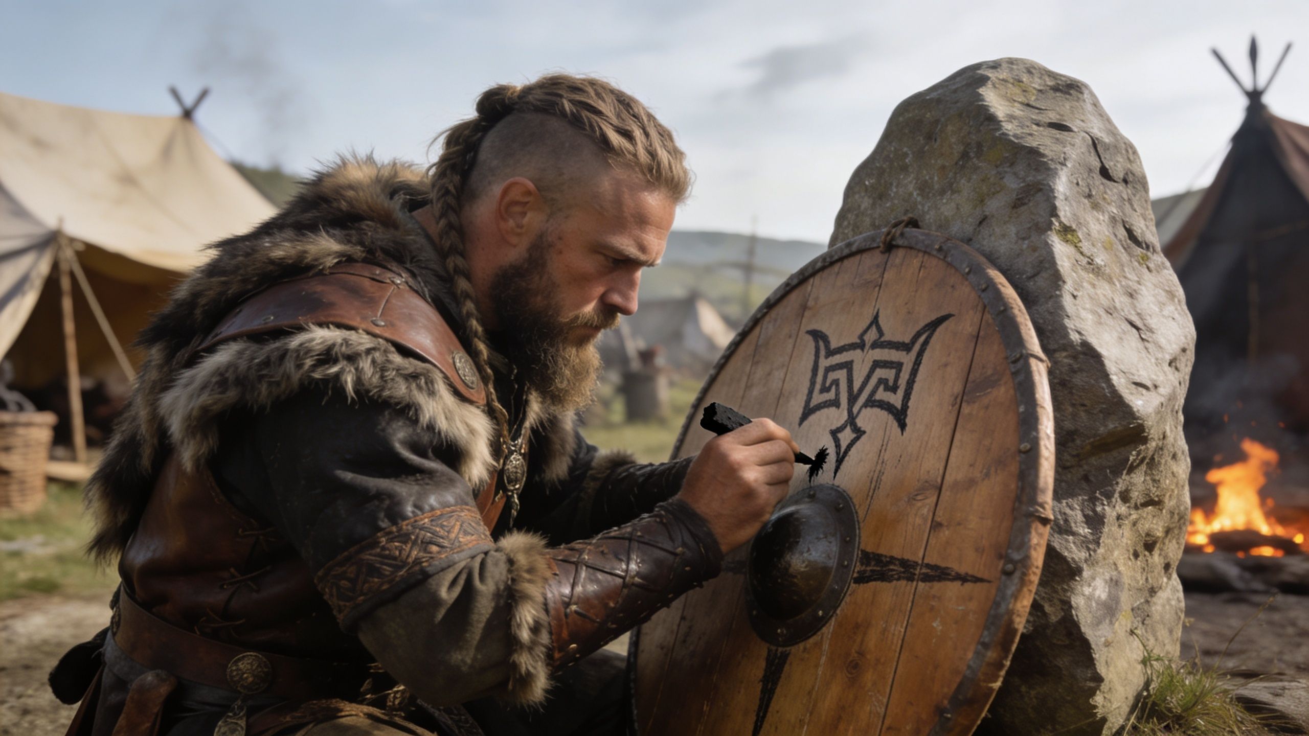 A bearded Viking warrior in fur armor carefully painting the Helm of Awe symbol onto a wooden shield.