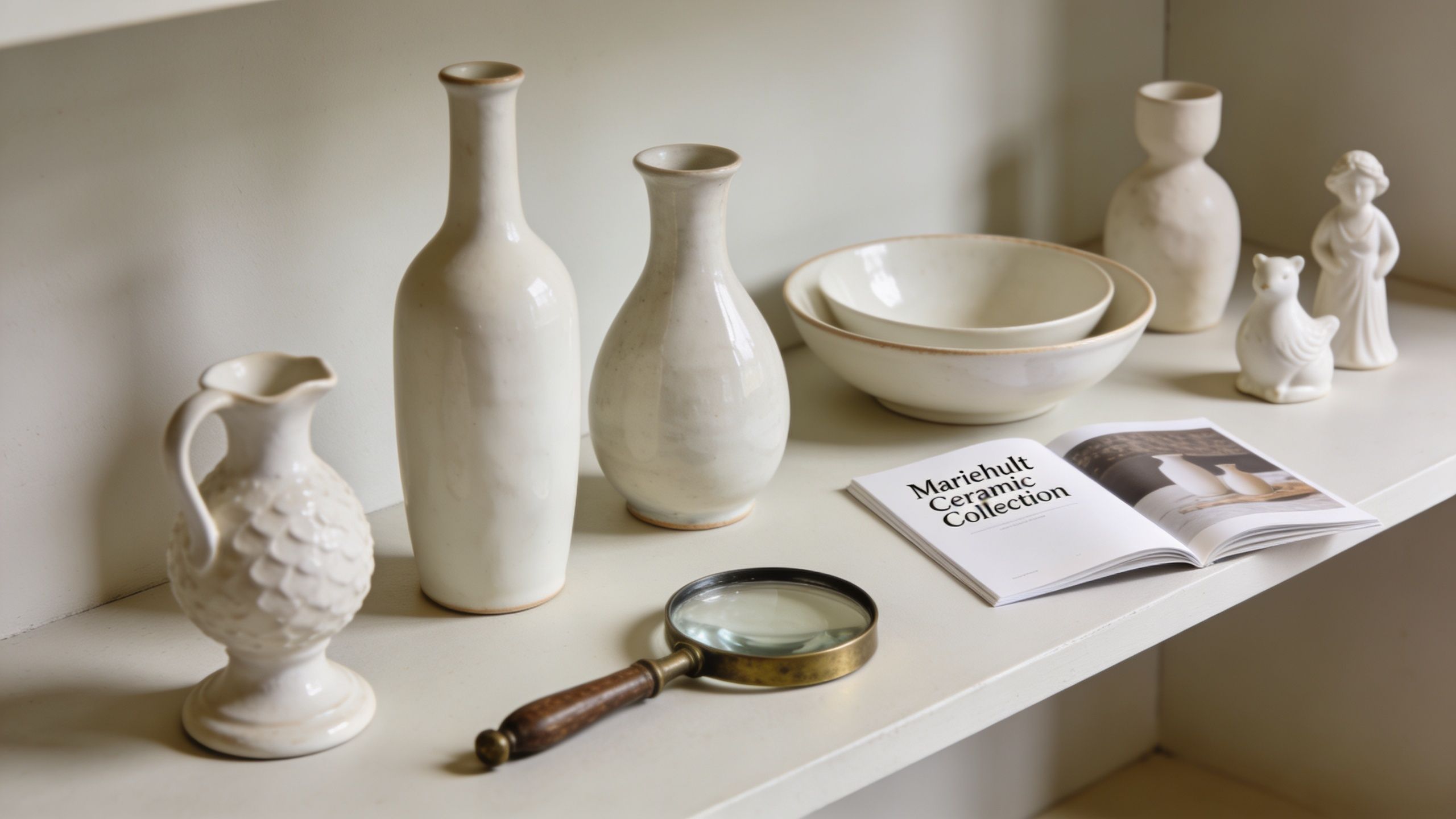A collection of white ceramic vases and bowls displayed on a shelf next to an open catalog.