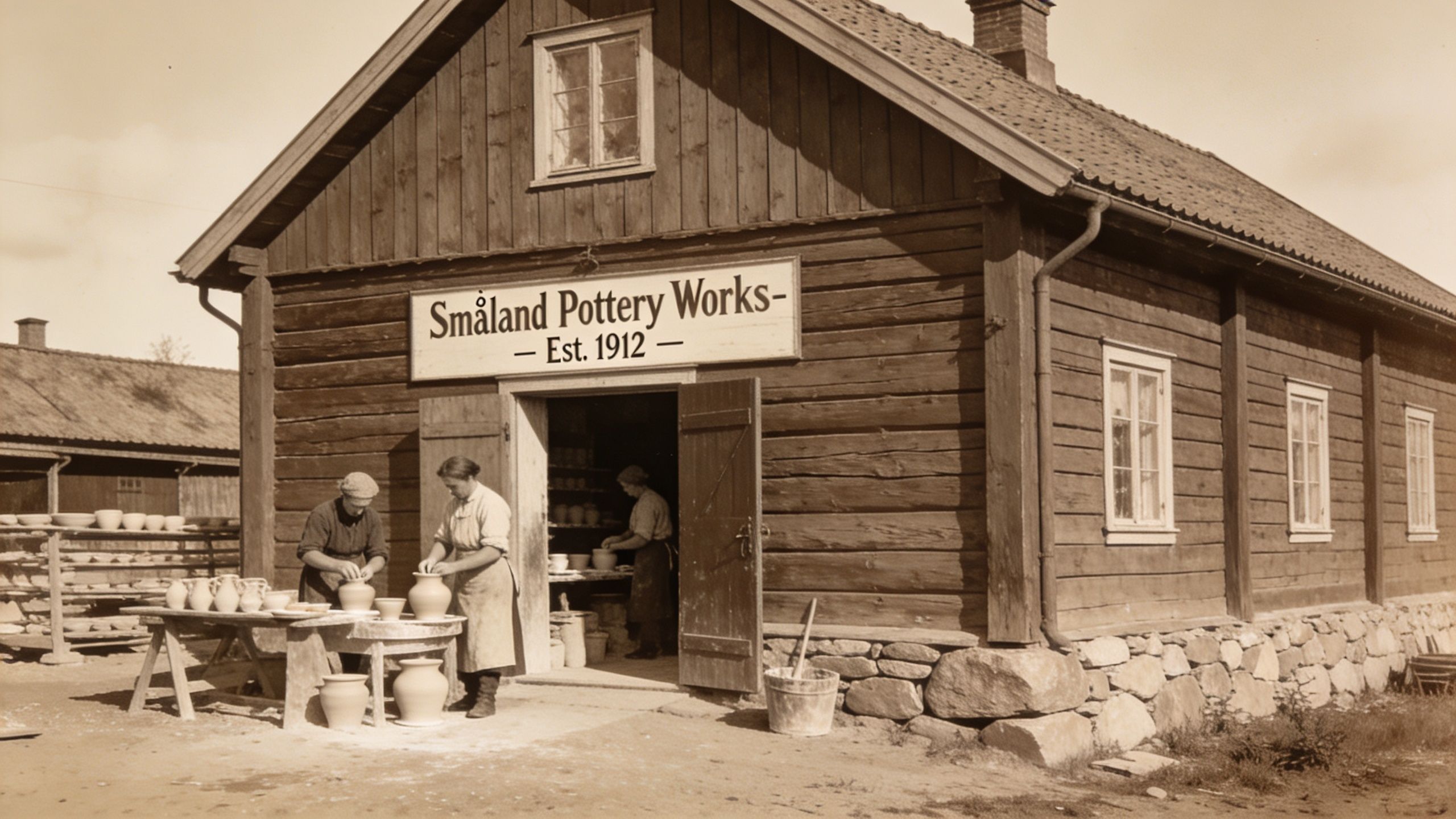 A historic sepia photograph of women working at the Småland Pottery Works factory in Sweden during 1912.