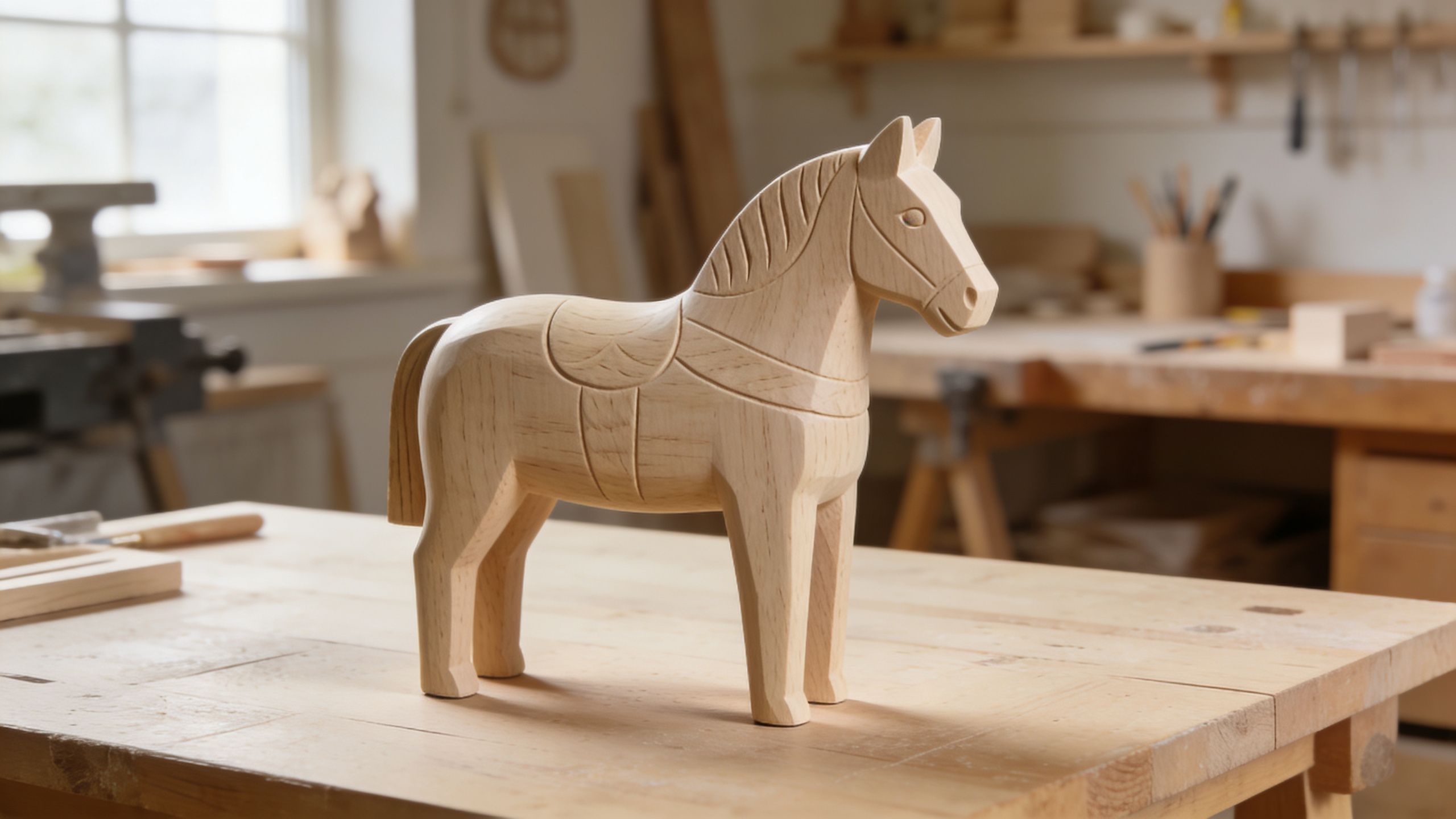 A hand-carved wooden horse figurine sits on a workbench inside a carpentry workshop.