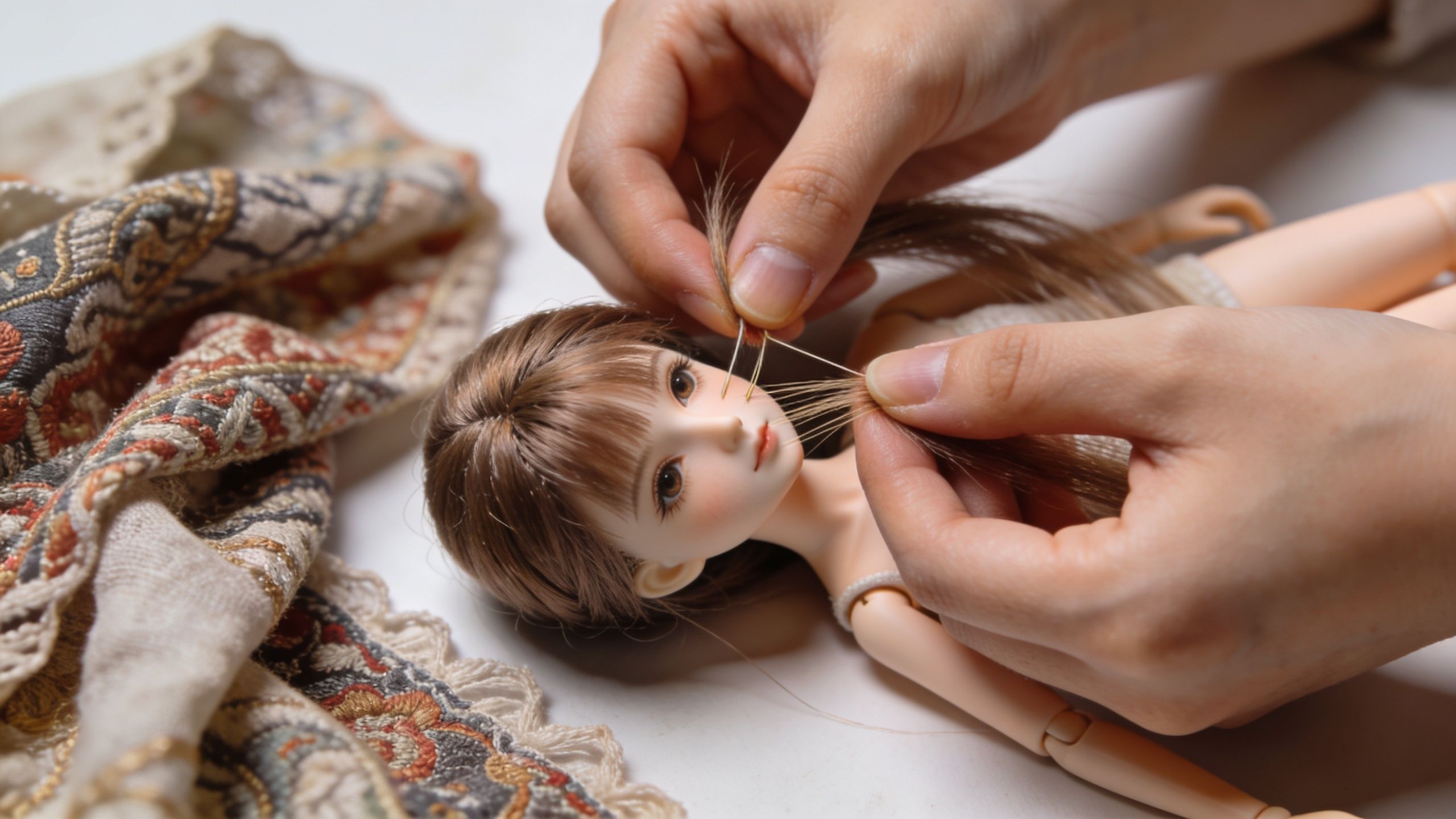 A close-up view of hands meticulously attaching individual hair strands to a handcrafted doll's head.
