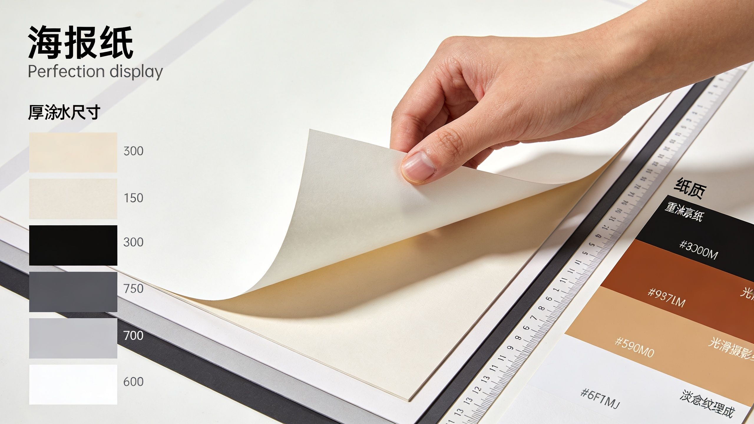 A hand holding up a piece of thick, light-colored poster paper next to a paper grade chart.