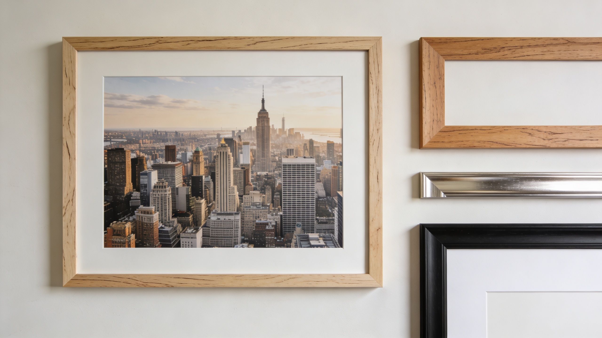 A large framed photograph of the New York City skyline hanging on a white wall.