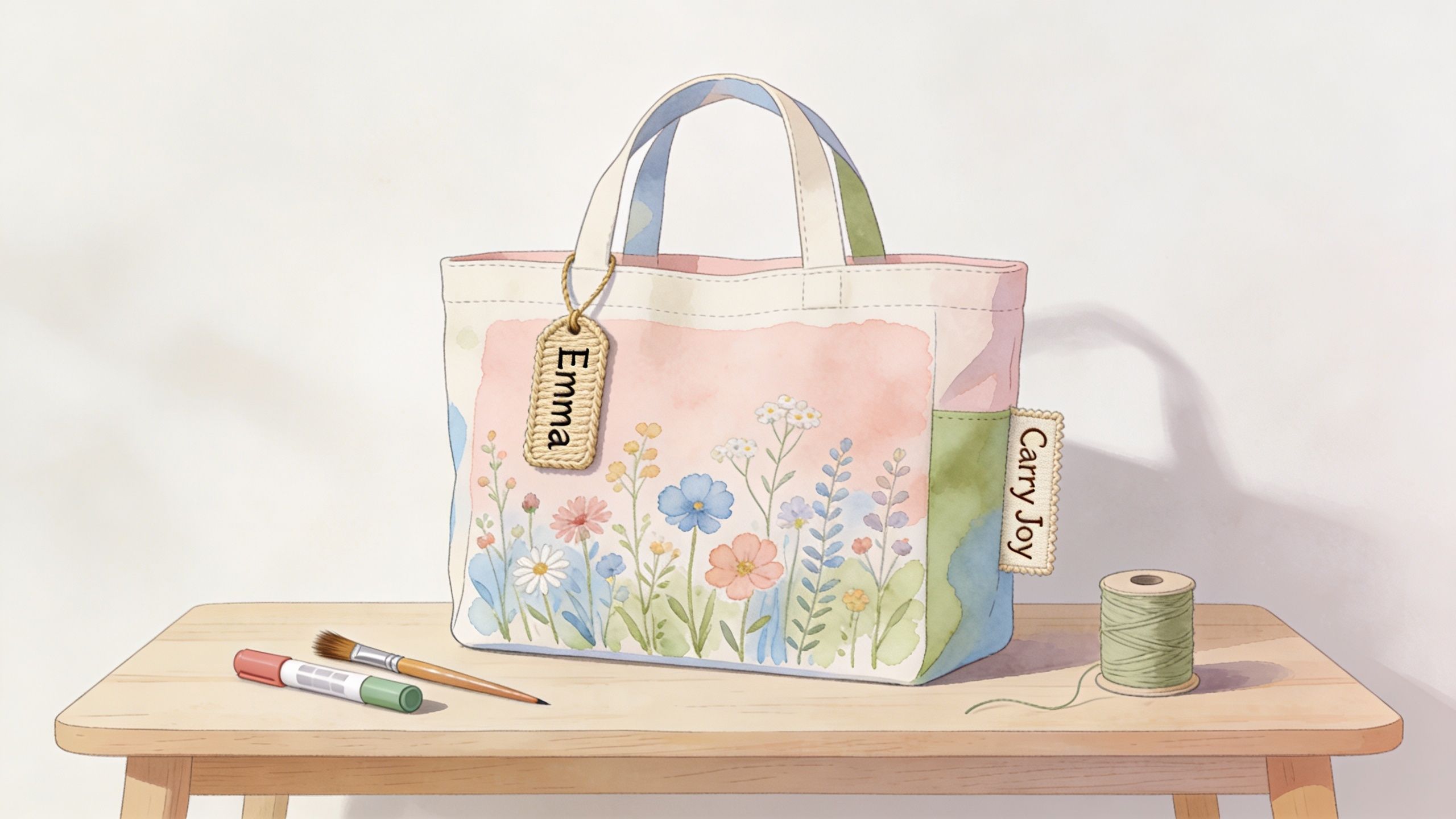A watercolor patterned tote bag with Emma name tag and Carry Joy label sitting on a wooden table.