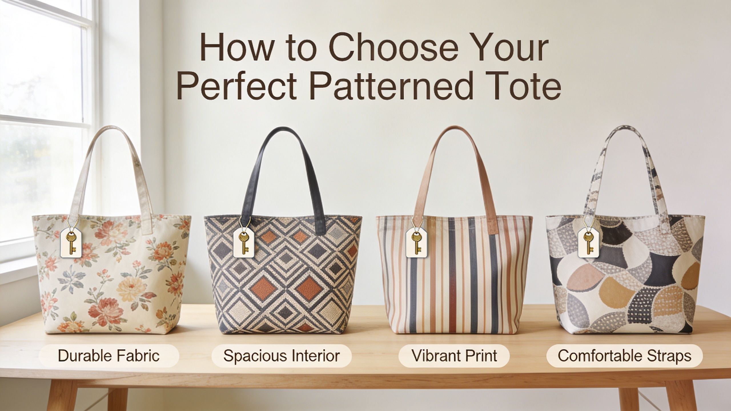 A collection of four stylish patterned tote bags lined up on a wooden table for selection.