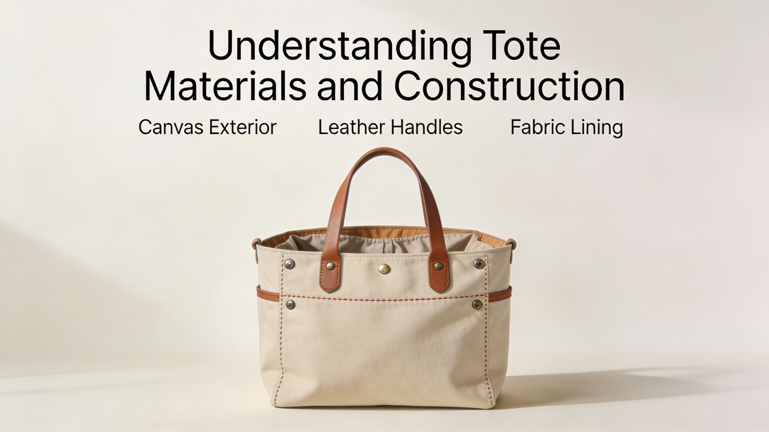A beige canvas tote bag with brown leather handles centered on a plain light background.
