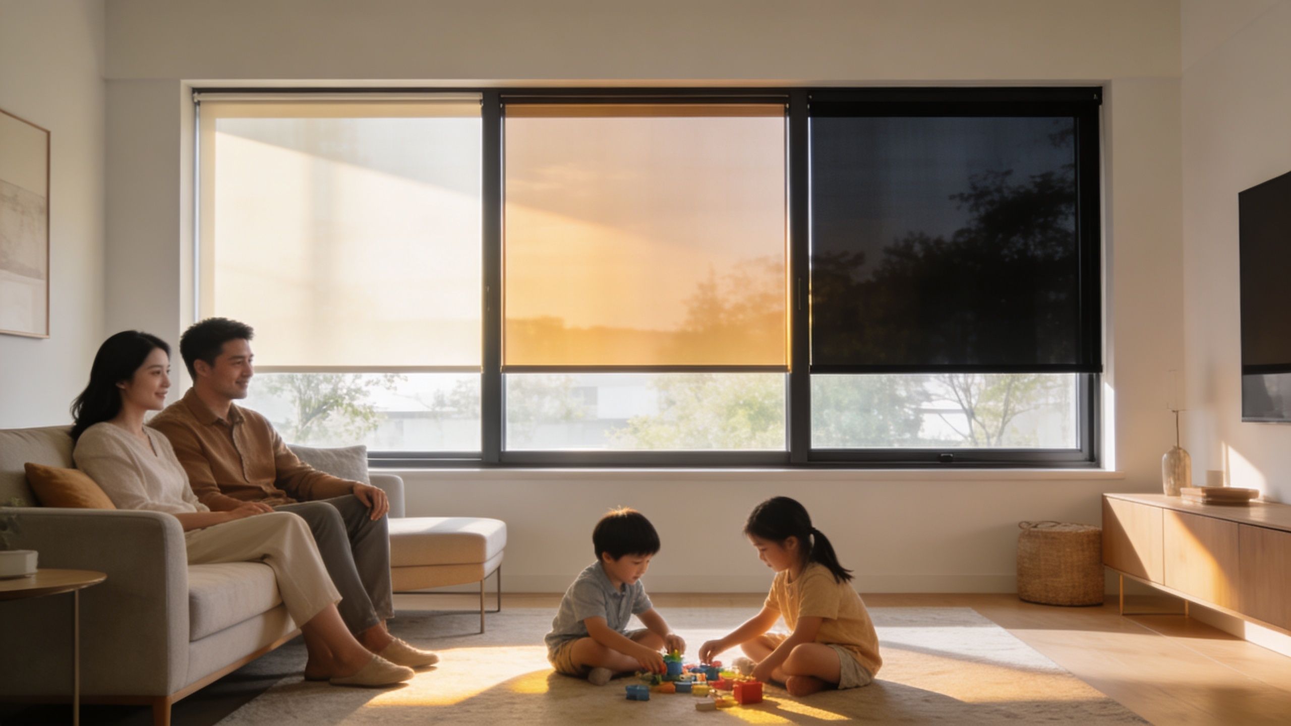 A happy family relaxing in a sunlit living room with graduated window film on large windows.