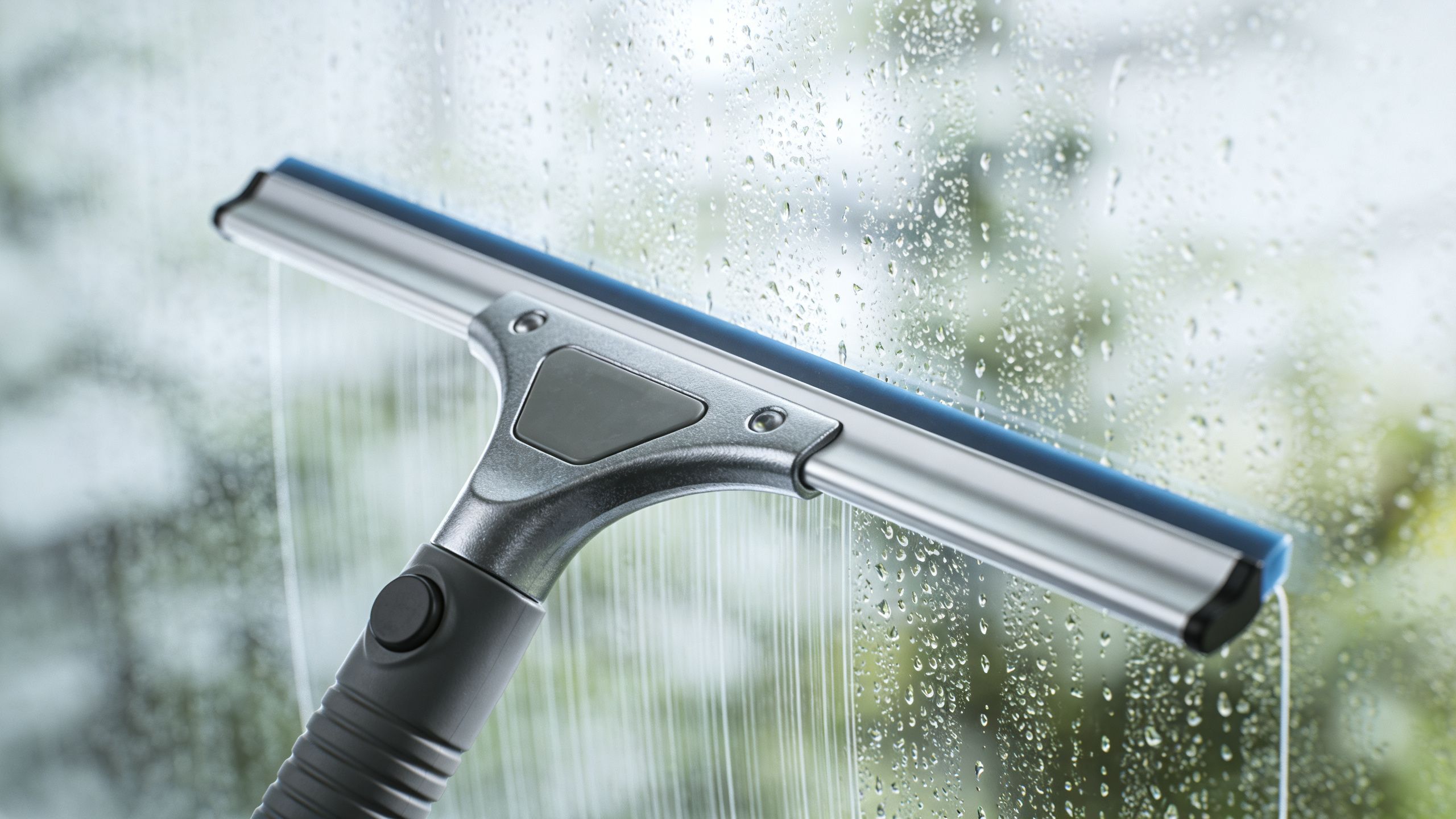 A professional rubber squeegee cleaning water streaks off a wet window pane against a blurred garden background.