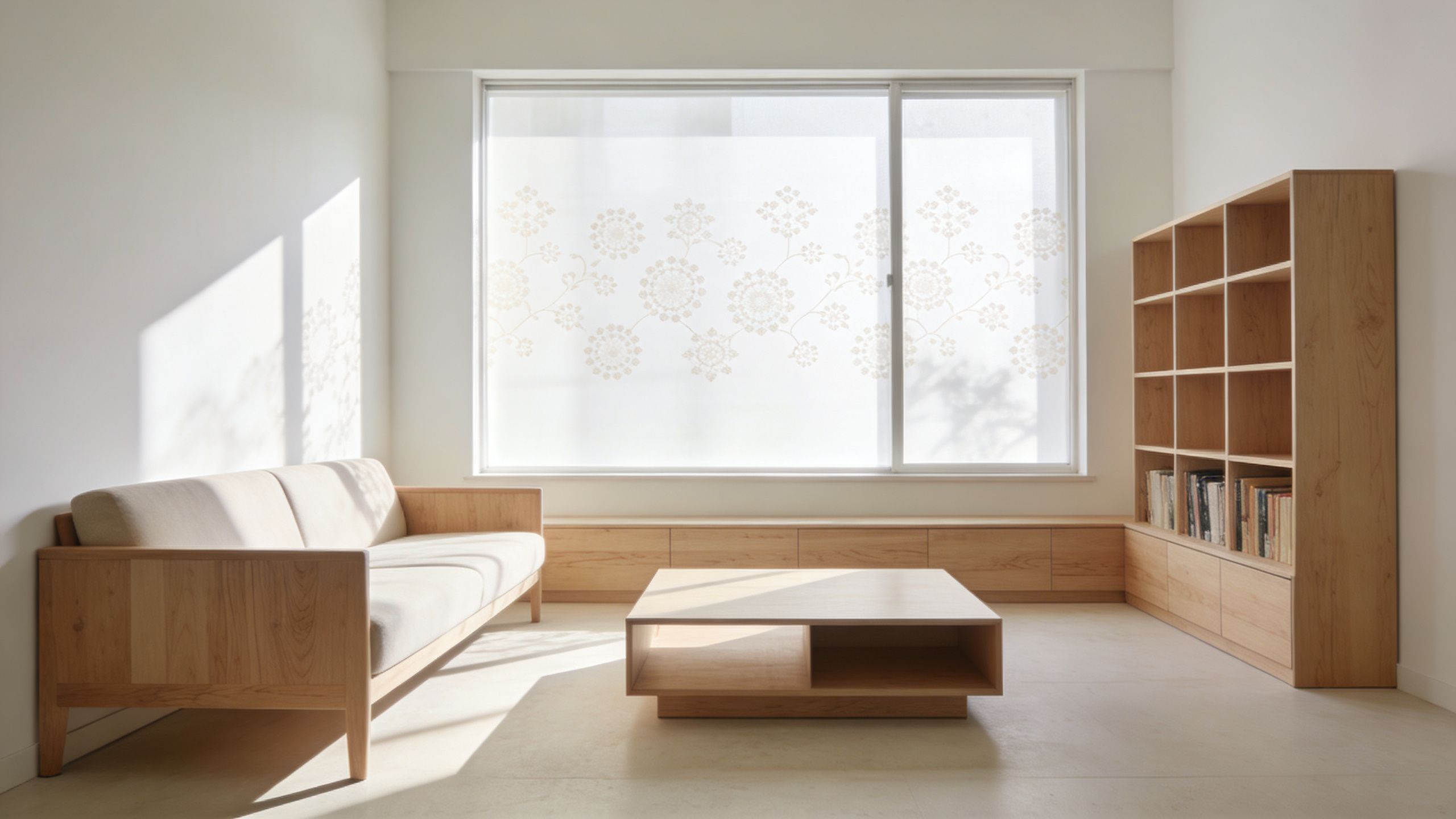 A minimalist living room with wooden furniture and a large window featuring decorative floral film patterns.