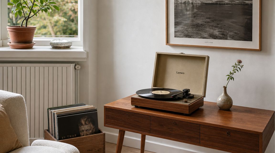 A vintage-style turntable sits on a mid-century modern wooden cabinet next to a collection of vinyl records.