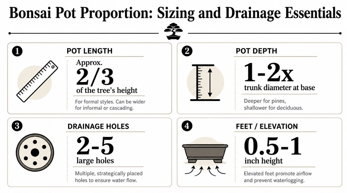 An infographic showing guidelines for choosing the right size and drainage for a bonsai tree pot.