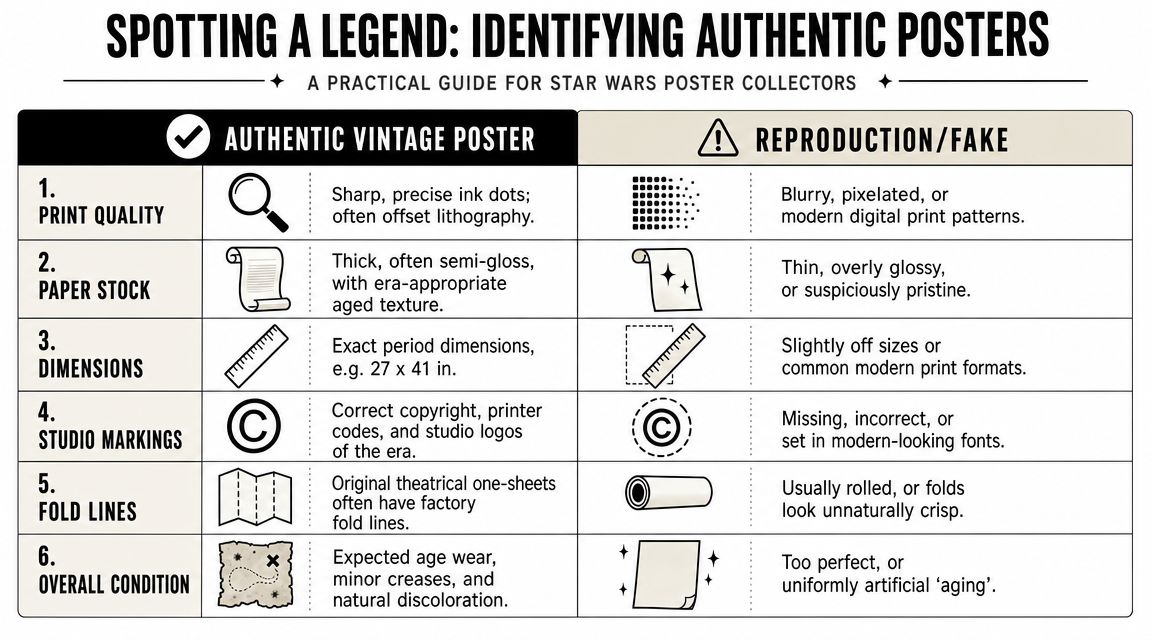 A practical guide for Star Wars collectors detailing six key differences between authentic vintage posters and modern reproductions.