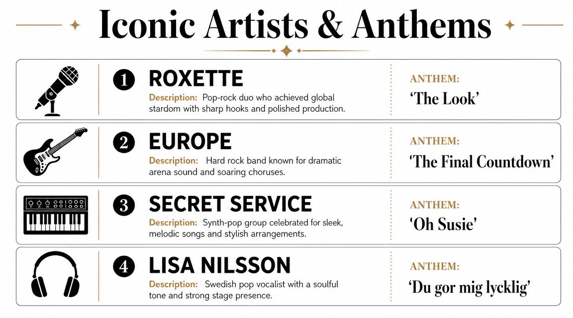 A chart titled Iconic Artists and Anthems listing four famous Swedish music acts and their signature songs.