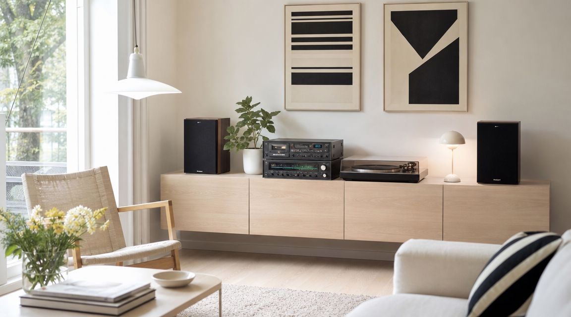 A modern, minimalist living room features a wooden console table holding vintage stereo equipment and speakers.
