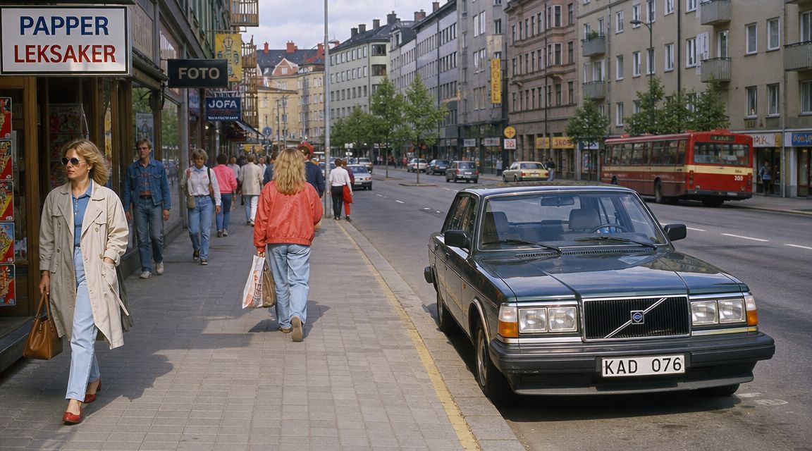 A street scene in 1980s Sweden featuring a woman walking past a toy store with a parked Volvo.