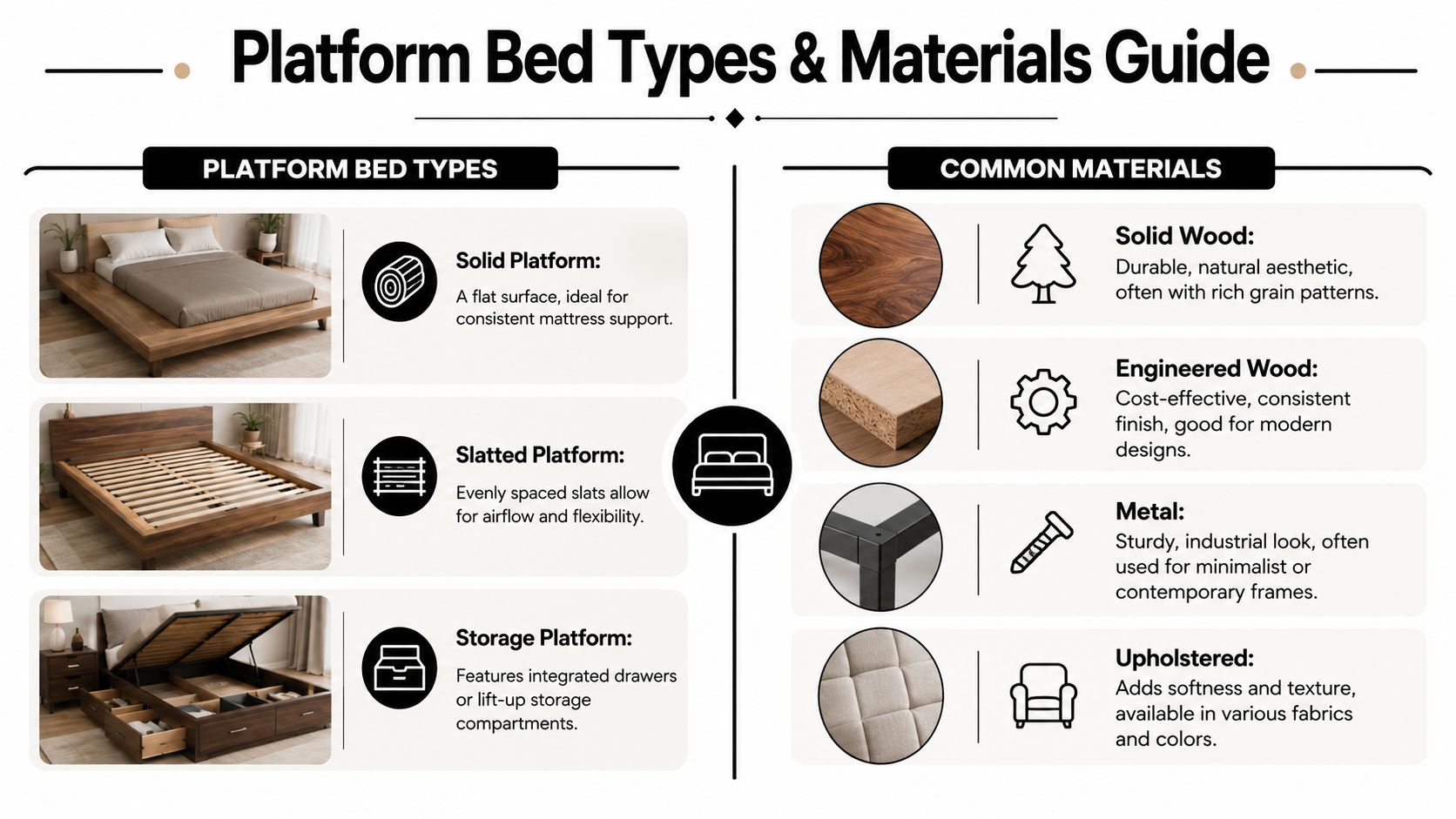 An infographic titled Platform Bed Types and Materials Guide detailing different bed styles and construction materials.