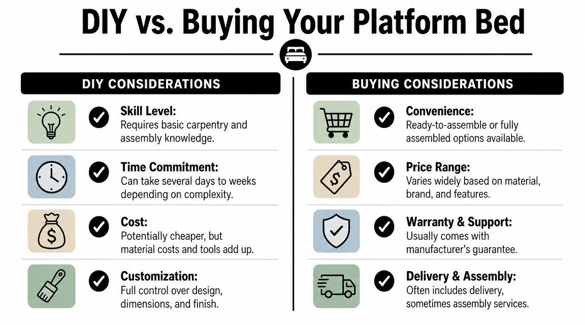 A comparison infographic showing the pros and cons of DIY versus buying a new platform bed.