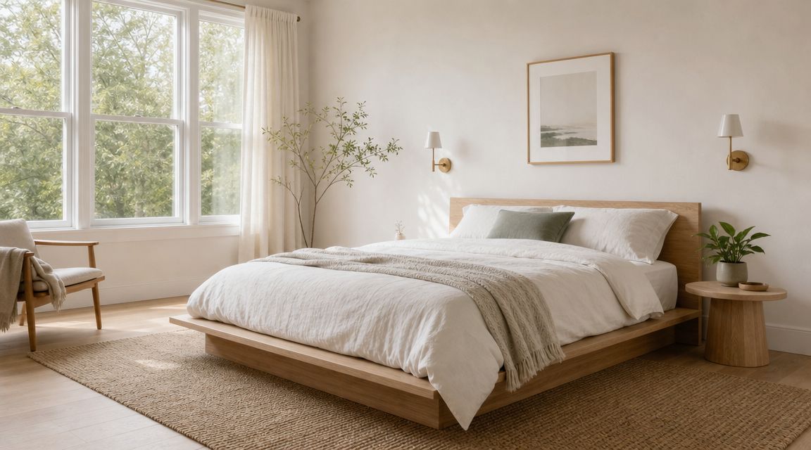 A serene, minimalist bedroom featuring a wooden platform bed with white linens and a natural jute rug.