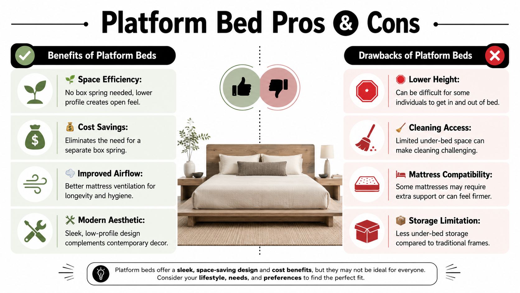 An infographic titled Platform Bed Pros and Cons outlining the benefits and drawbacks of using platform beds.