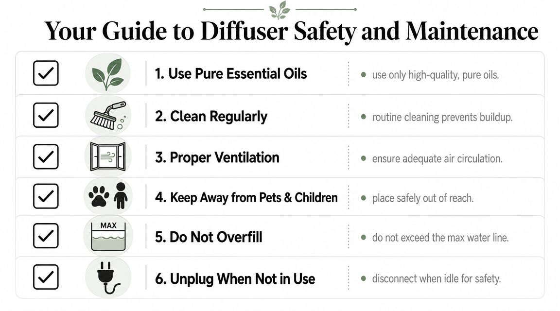 An infographic titled Your Guide to Diffuser Safety and Maintenance listing six essential safety and maintenance tips.