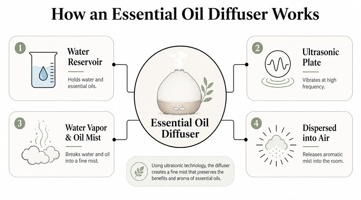 A diagram illustrating the four-step process of how an ultrasonic essential oil diffuser works to disperse mist.