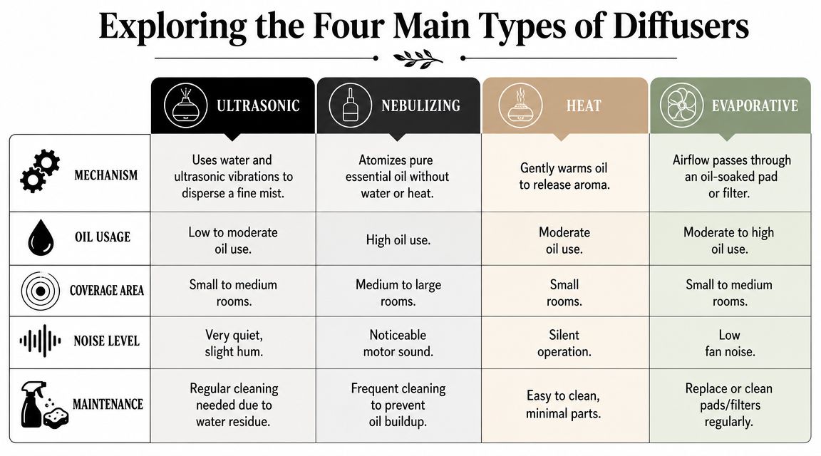 A comparison chart outlining the mechanism, oil usage, coverage, noise, and maintenance for four main types of diffusers.