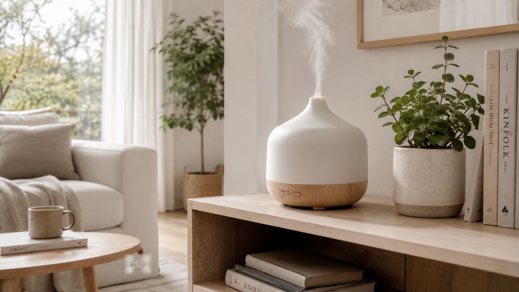 A modern essential oil diffuser emitting mist on a wooden shelf next to a green potted plant.