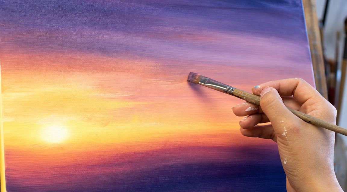 A close-up view of an artist's hand using a brush to paint a vibrant sunset with acrylics.