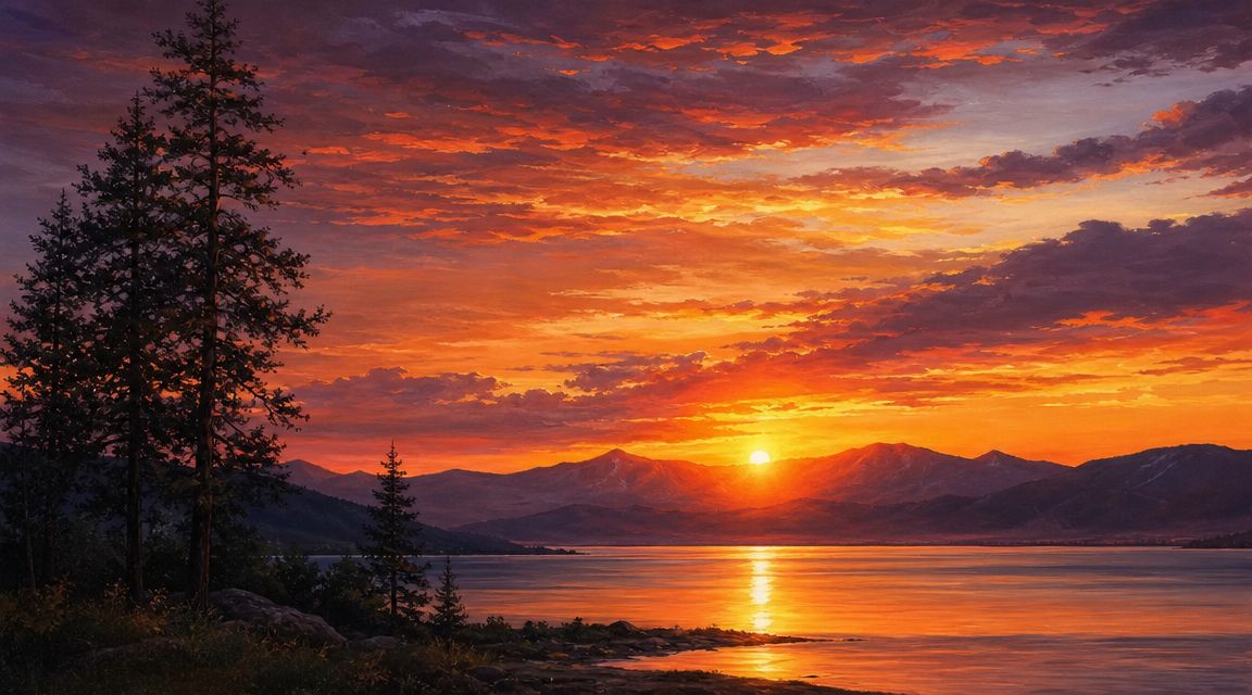 A vibrant acrylic painting of a sunset over a calm mountain lake with silhouetted evergreen trees.