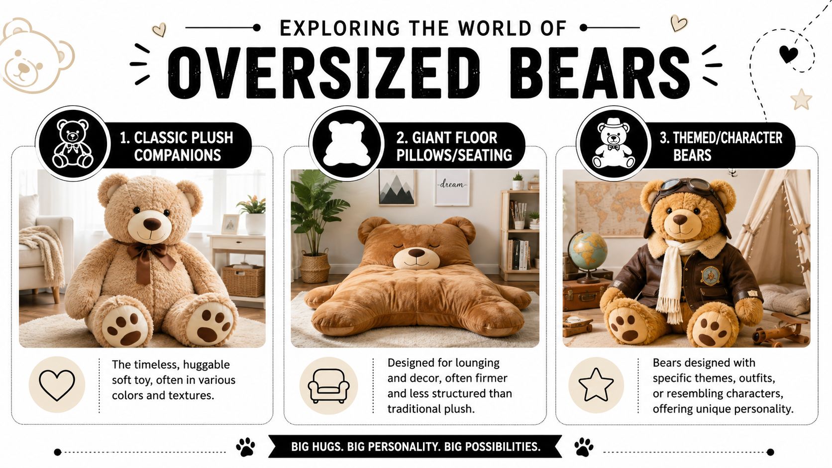 An infographic titled Exploring the World of Oversized Bears featuring three types of large teddy bears.