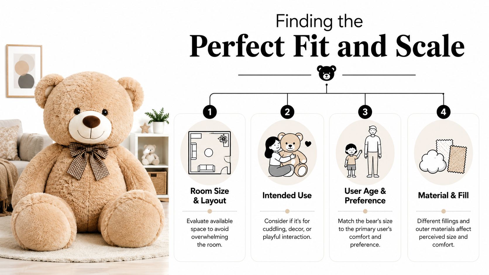 A large fluffy teddy bear sits on a rug next to a guide on choosing bear size.