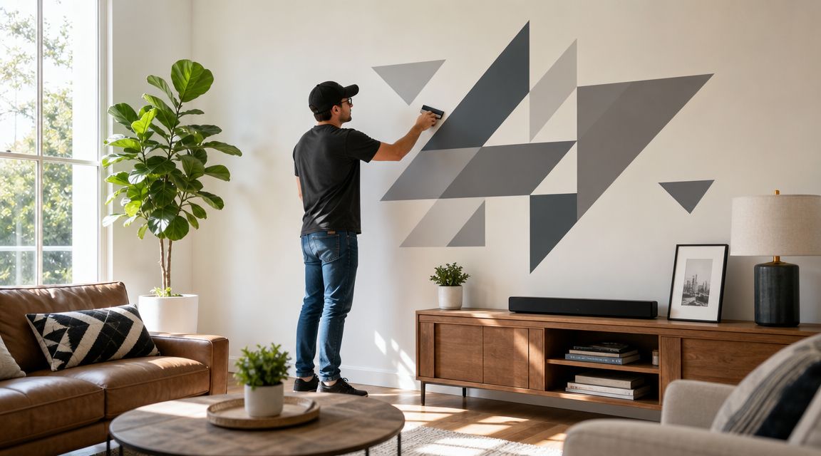 A man applying geometric triangle wall decals to a clean white wall in a modern living room.
