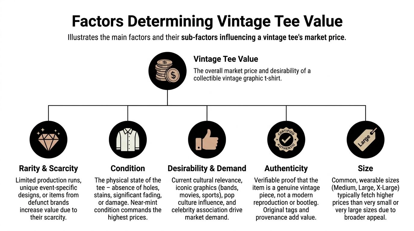 A diagram outlining the five key factors that determine the market value of collectible vintage graphic t-shirts.