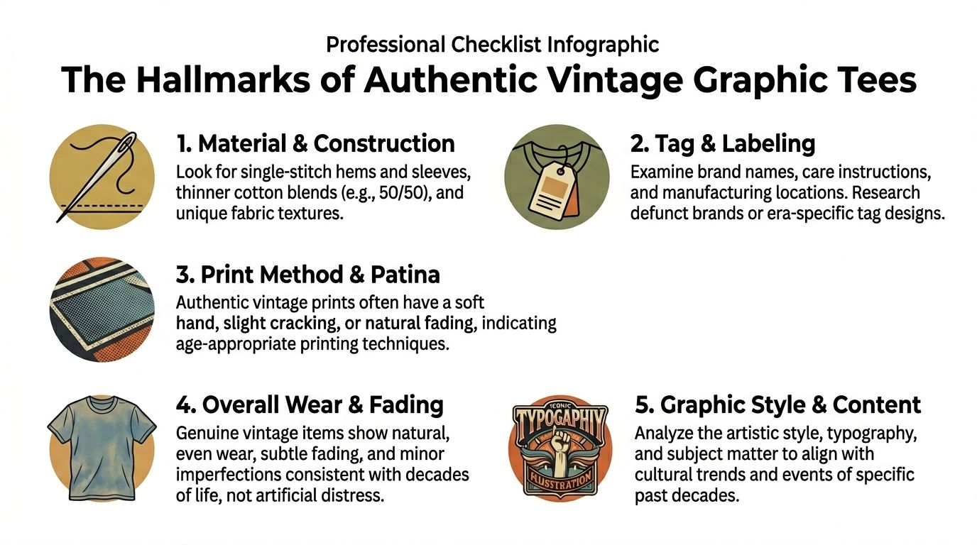 An infographic checklist showing five key indicators to identify authentic vintage graphic t-shirts and clothing.