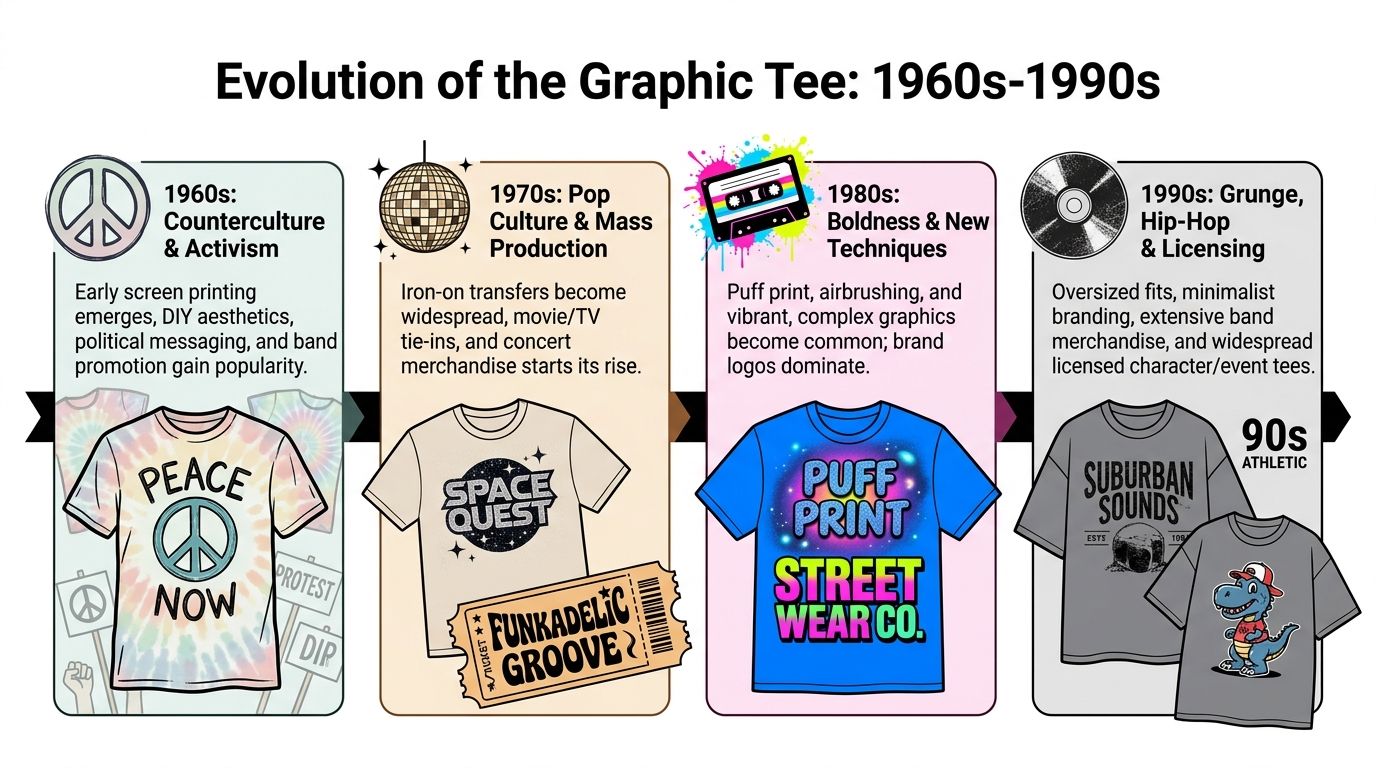 A timeline graphic showing the historical evolution of graphic tees from the 1960s through the 1990s.