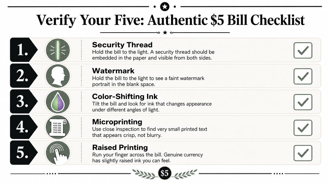 An infographic checklist outlining five security features to verify the authenticity of a United States five dollar bill.