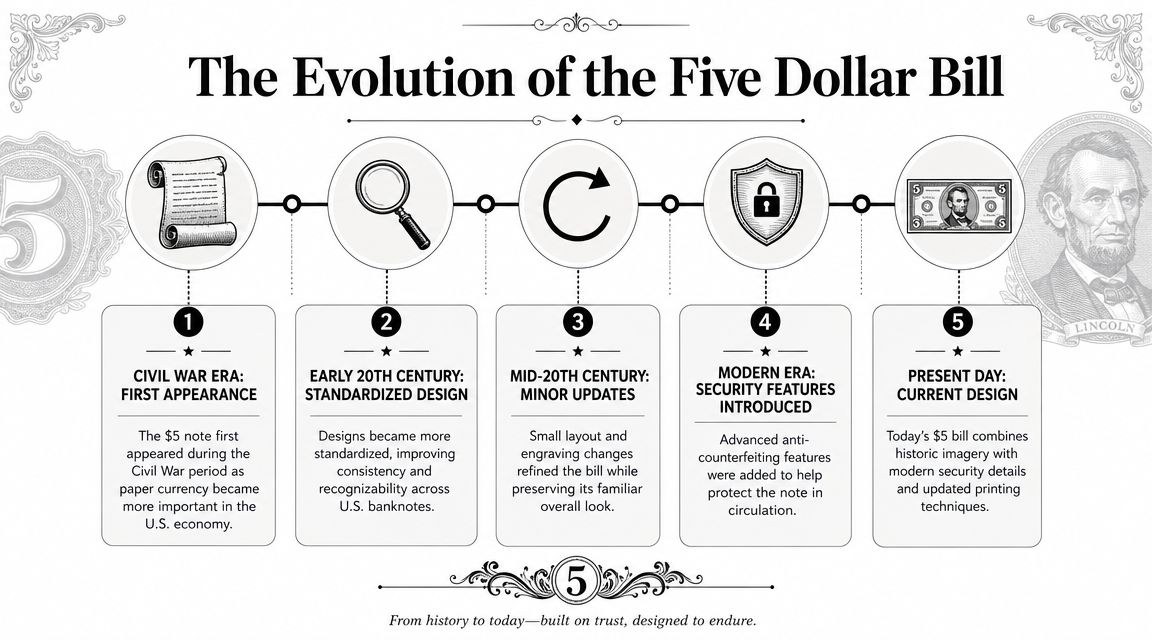 An infographic titled The Evolution of the Five Dollar Bill, showing five chronological stages of currency design.